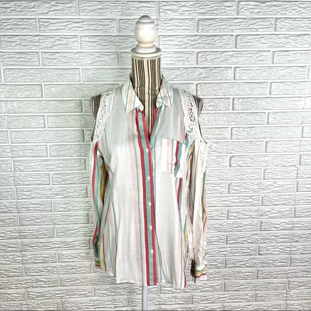 Maurices Multicolored Striped Cold Shoulder Button Up Shirt Size Medium w/ Lace - Picture 1 of 10